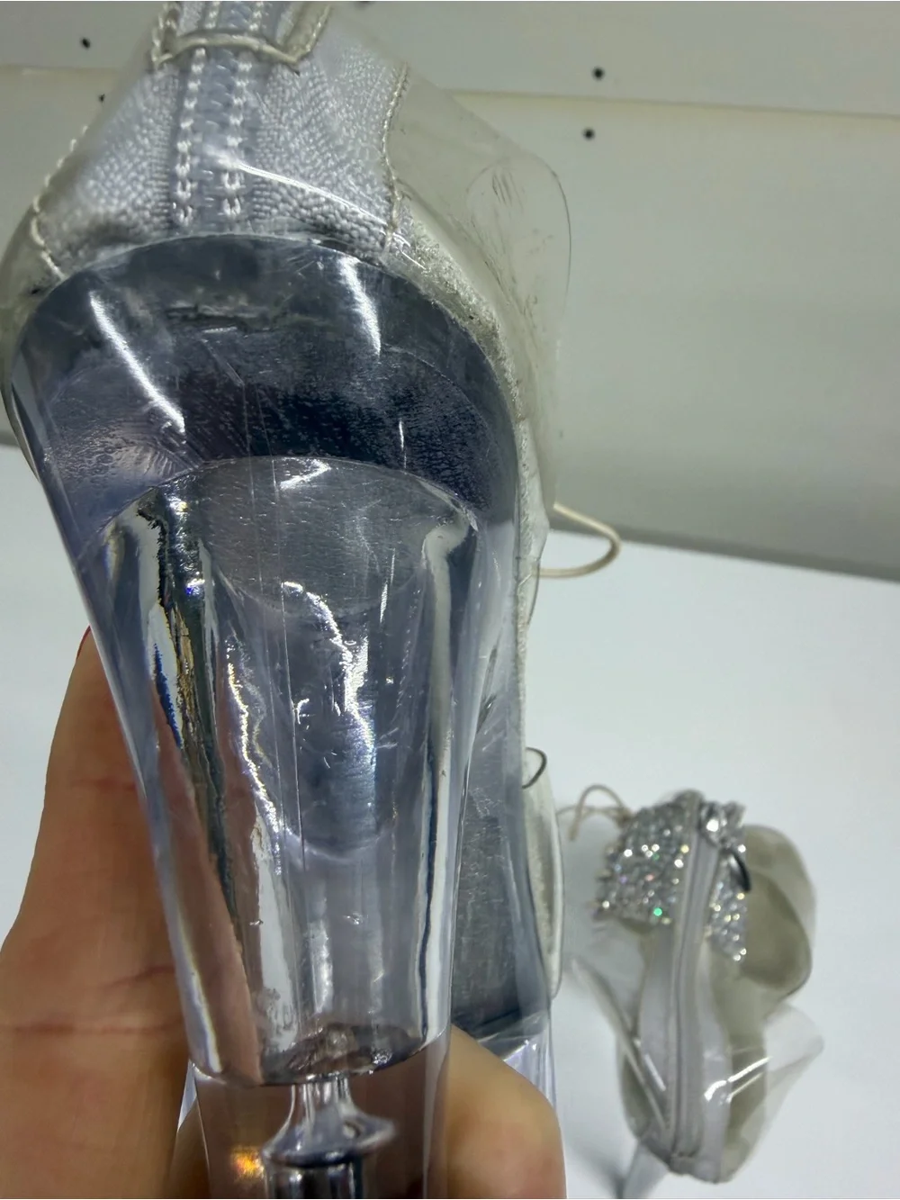 Size 7 Pleaser Clear Platform Stiletto Heels with Silver Glitter Lace Panel